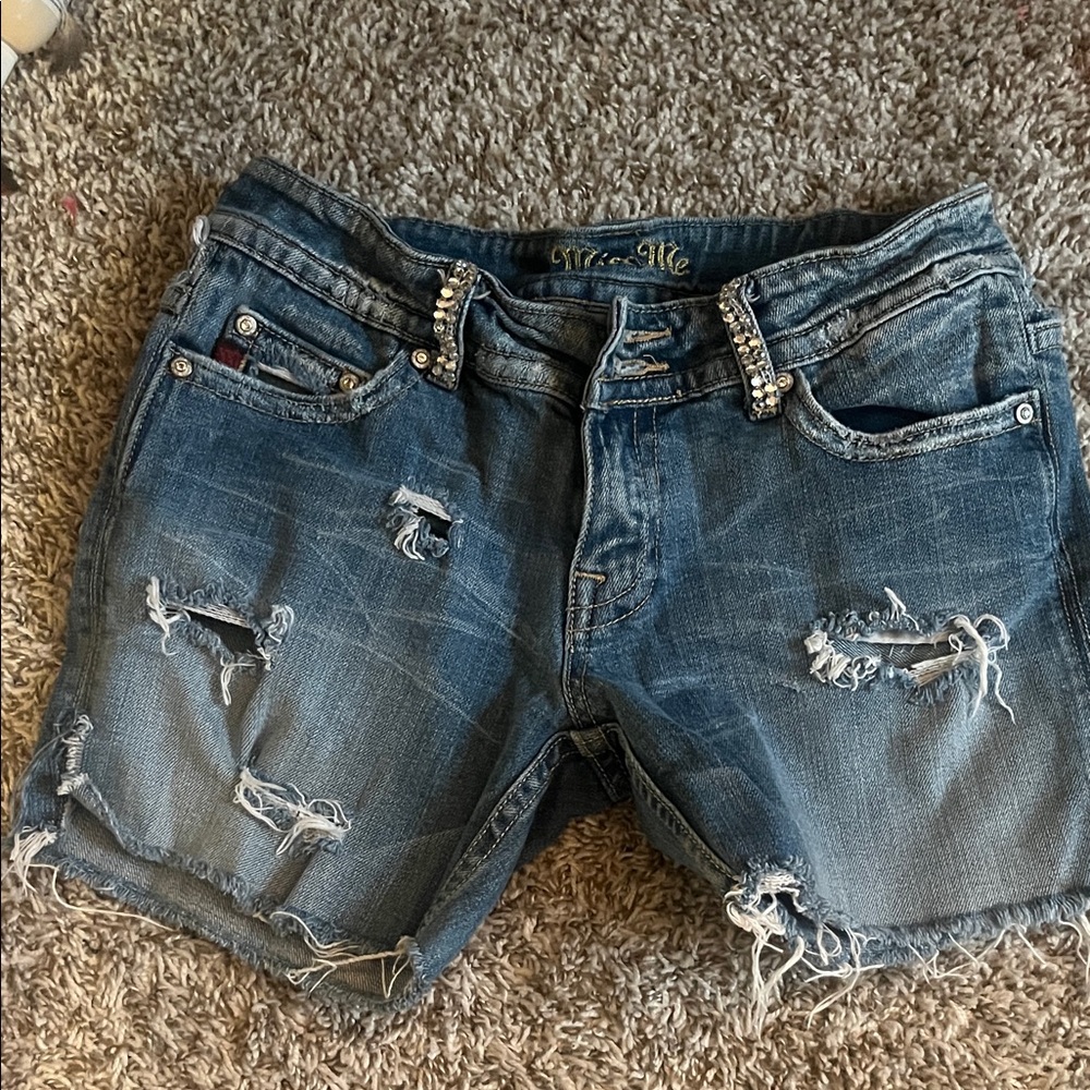 Miss Me Blue Distressed Jean Shorts with Rhinestones
